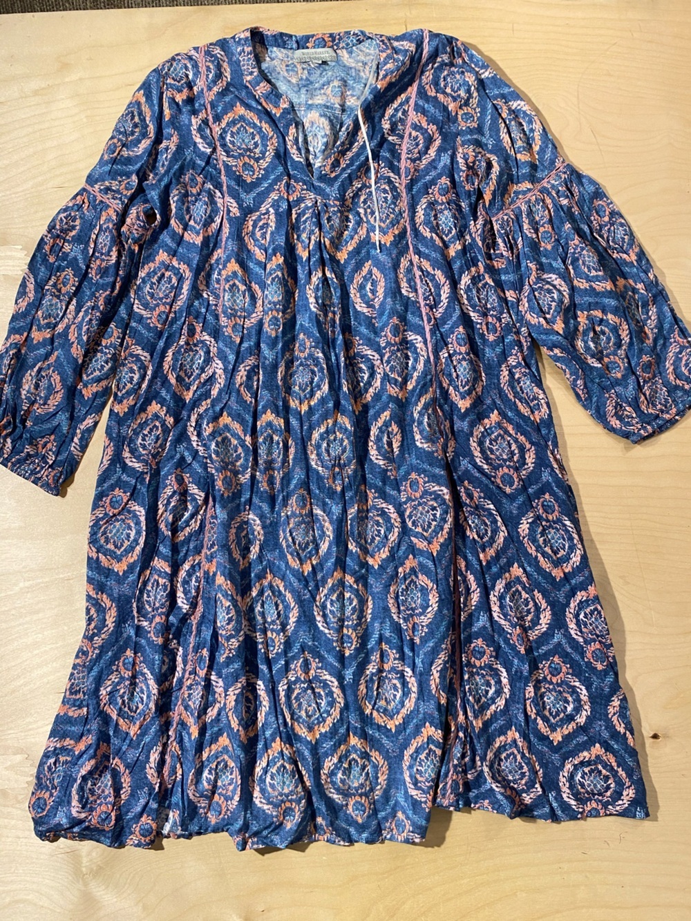 World Market Blue and Coral Printed Bohemian Dress S/M (SA)